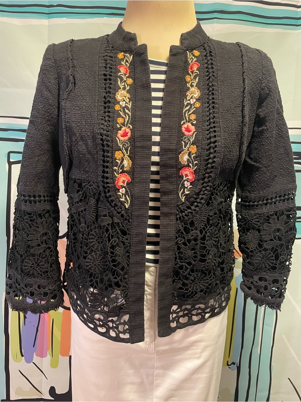 Chico's Black Embroidered Floral Jacket
